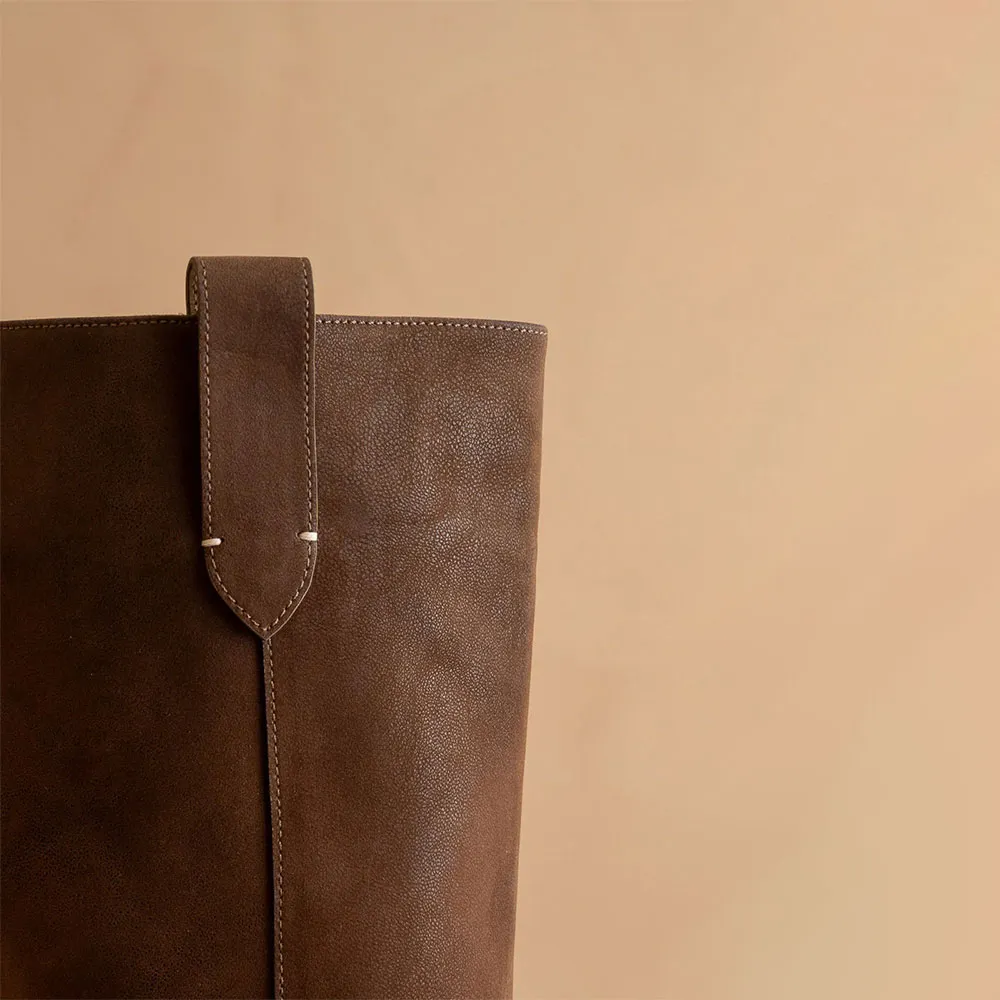 Chic Brown Round Toe Buckle Studded Pull On Tall Boots for Women