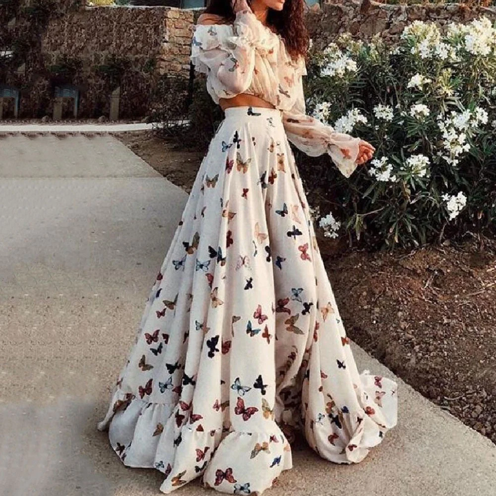 Graduation Gifts Butterfly Print Floral Two Piece Sets Women Beach Holiday Bohemian Swing Long Skirt Shirt Suits Summer Outfits
