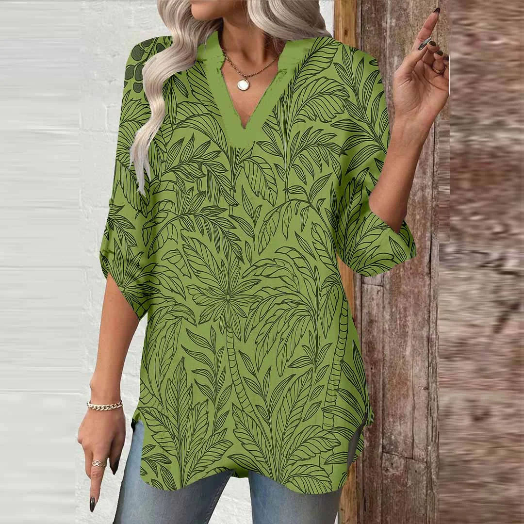 Women Tropical, Green DZGA0095 3/4 Sleeve V-neck Printed Graphic Button Tops