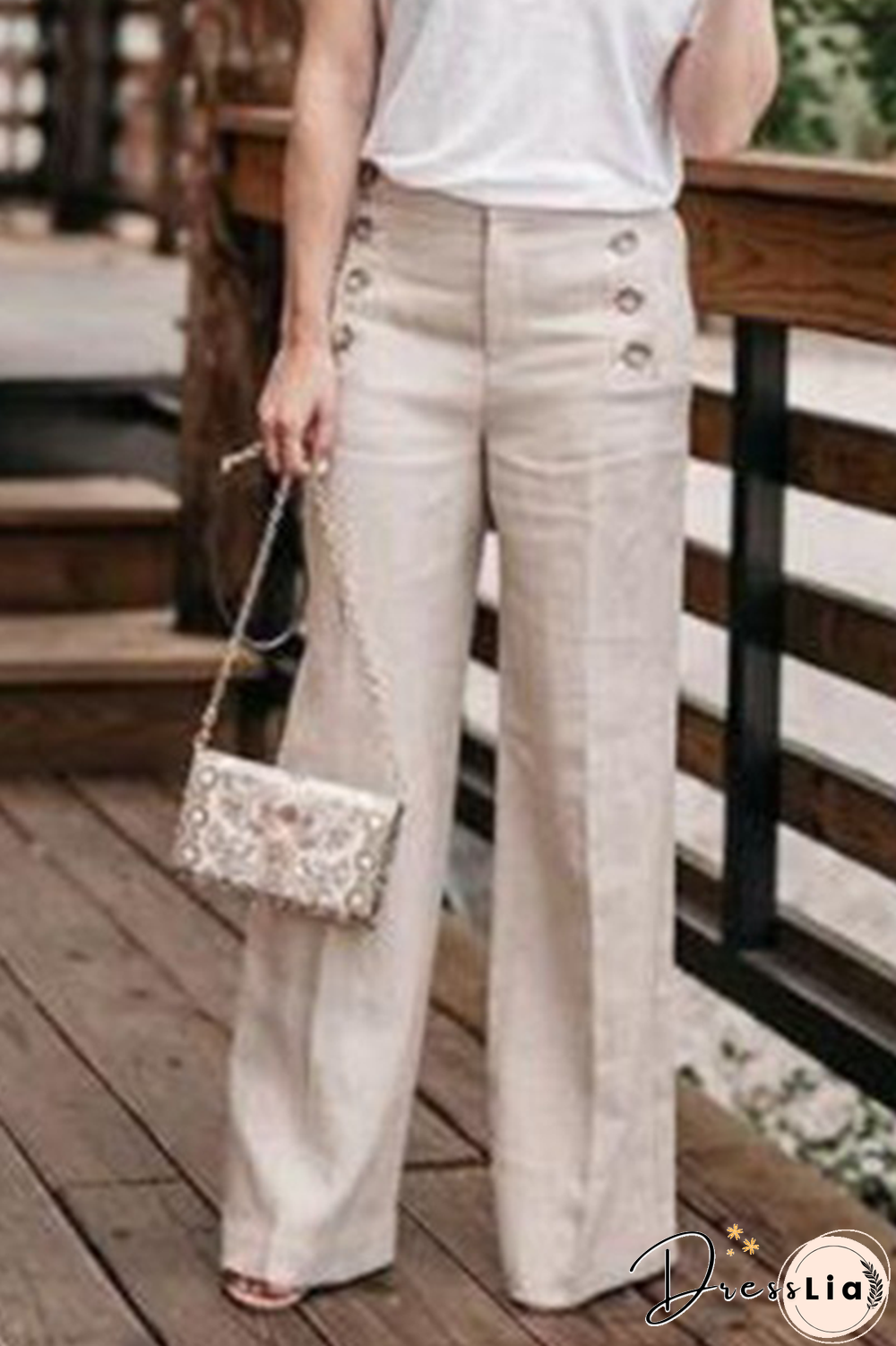 Casual Solid Buckle Straight High Waist Wide Leg Solid Color Bottoms