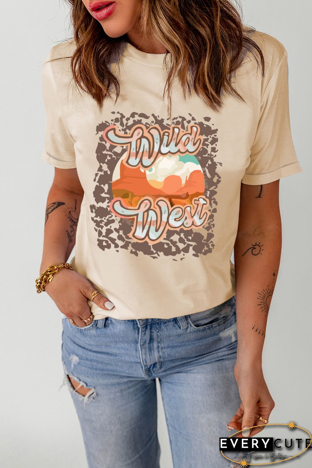 Khaki Wild West Western Pattern Print Short Sleeve T Shirt