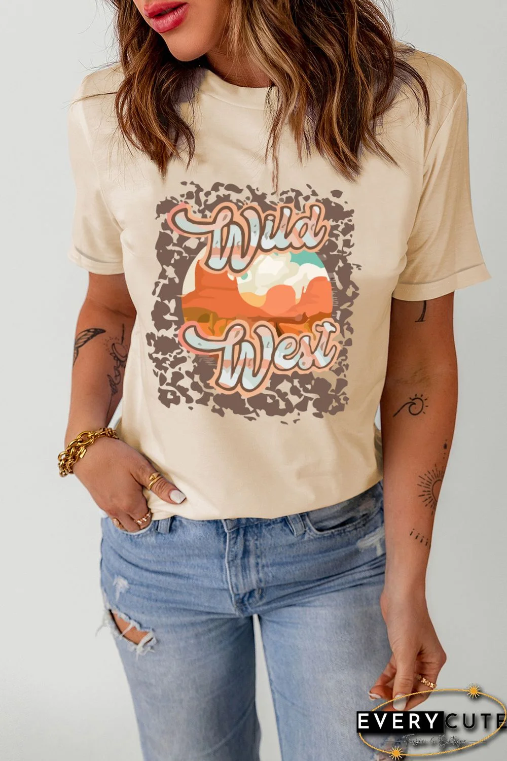 Khaki Wild West Western Pattern Print Short Sleeve T Shirt
