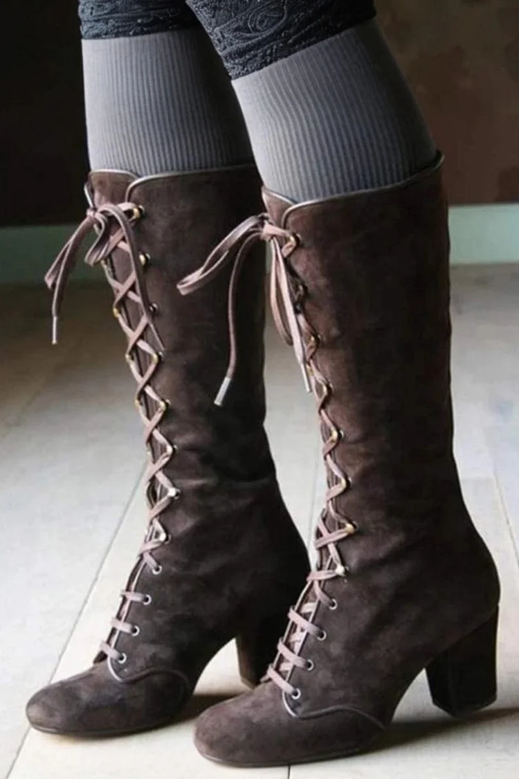 Vintage Black Lace Up Chunky Heel High Top Boots
