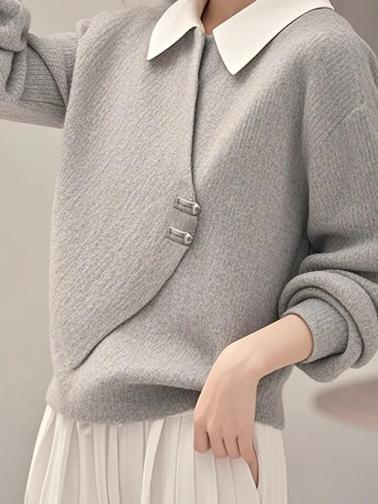 Athvotar Athvotar Gray Fake Two Knitted Sweater Women's Autumn And Winter Korean Atmosphere Relaxed Leisure Polo Collar Top