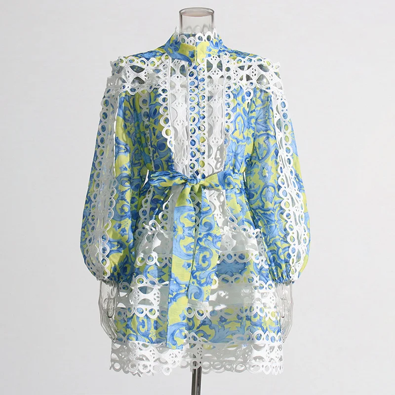 Brownm Spring 2025 Small Fashion Temperament Round Tie Collar To Collect Waist Thin Design Lantern Sleeve Short Dress Woman