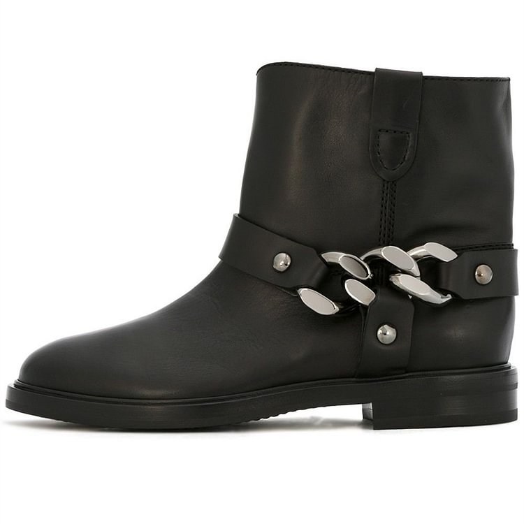 Black Studs Chain Flat Ankle Boots |FSJ Shoes