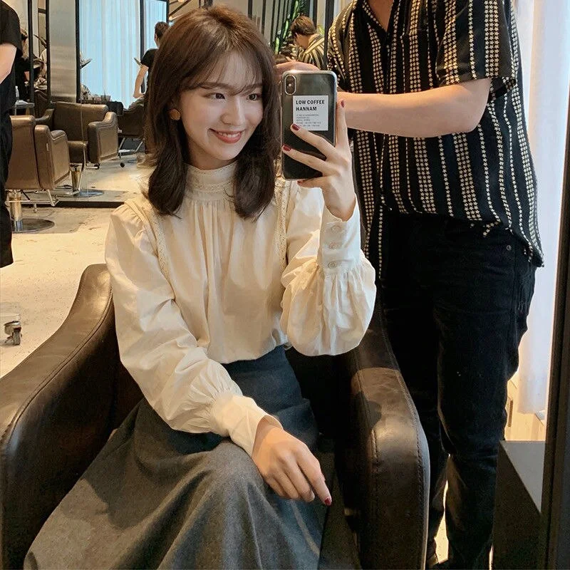 Shirts Womens Spring Autumn Long Sleeve Elegant Stand Collar Trendy Blouses New Korean Style Female Clothing Casual Daily Chic