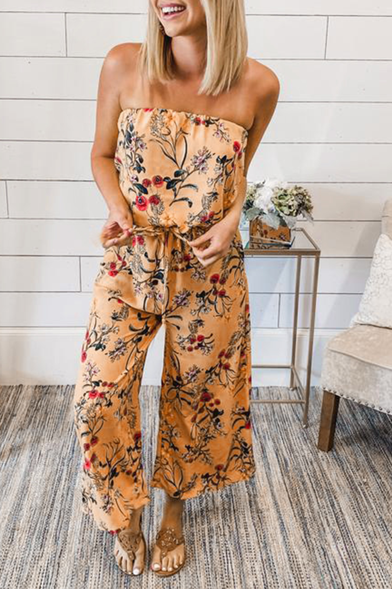 Casual Print Split Joint Strapless Straight Jumpsuits