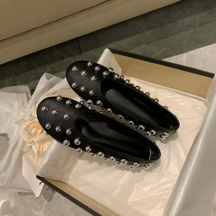 Yyvonne New Women's Shoes Black Rivet Decoration Flat Shoes Shallow Comfortable Sleeve Lazy Single Shoes
