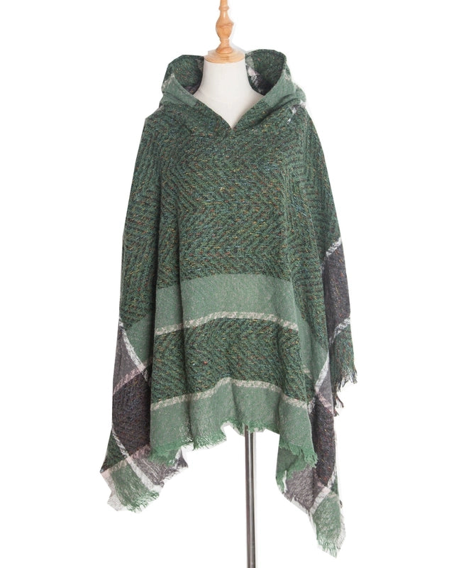 Factory Direct Supply New Spring And Autumn And Winter Fish Bone Pattern Ladies Hooded Shawl Pullover Cloak