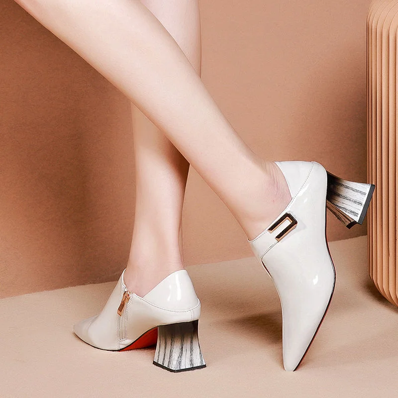2021 Spring/Fall Women's Shoes,Soft LEATHER High Heels,Pointed toe Woman Pumps,Square Buckle Sticker,White Black,FREE Dropship