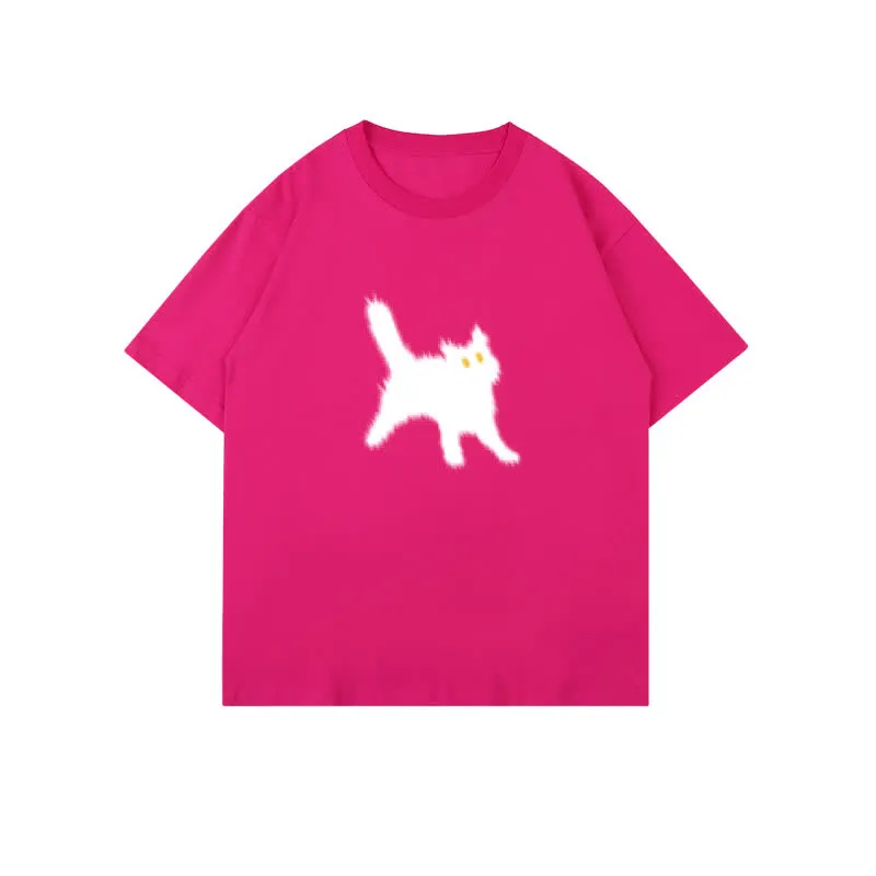 Cartoon Cat Print Round Collar Oversized T-Shirt