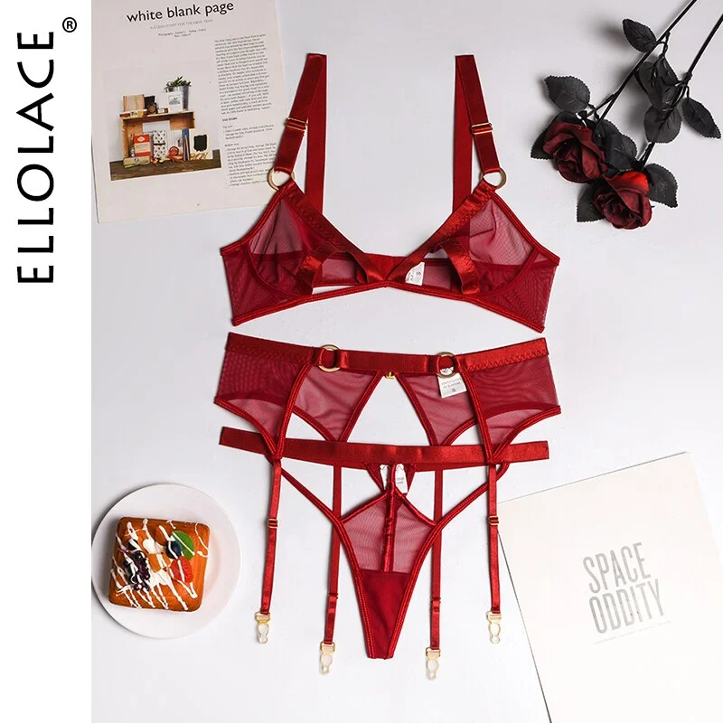 Ellolace Lace Hollow Out Lingerie Sexy 3 Piece Set Wireless Lace Erotic Lingerie Underwear Women Set Sensual Lingerie Sexy