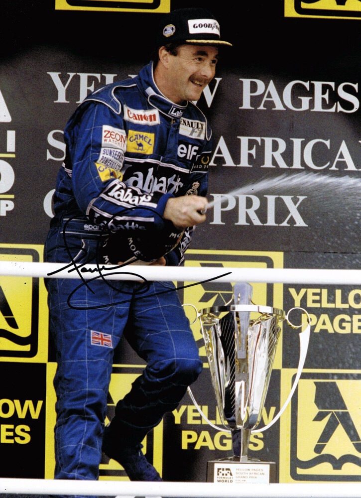 Nigel Mansell SIGNED in Person Autograph 16x12 Photo Poster painting AFTAL COA Podium on Trophy
