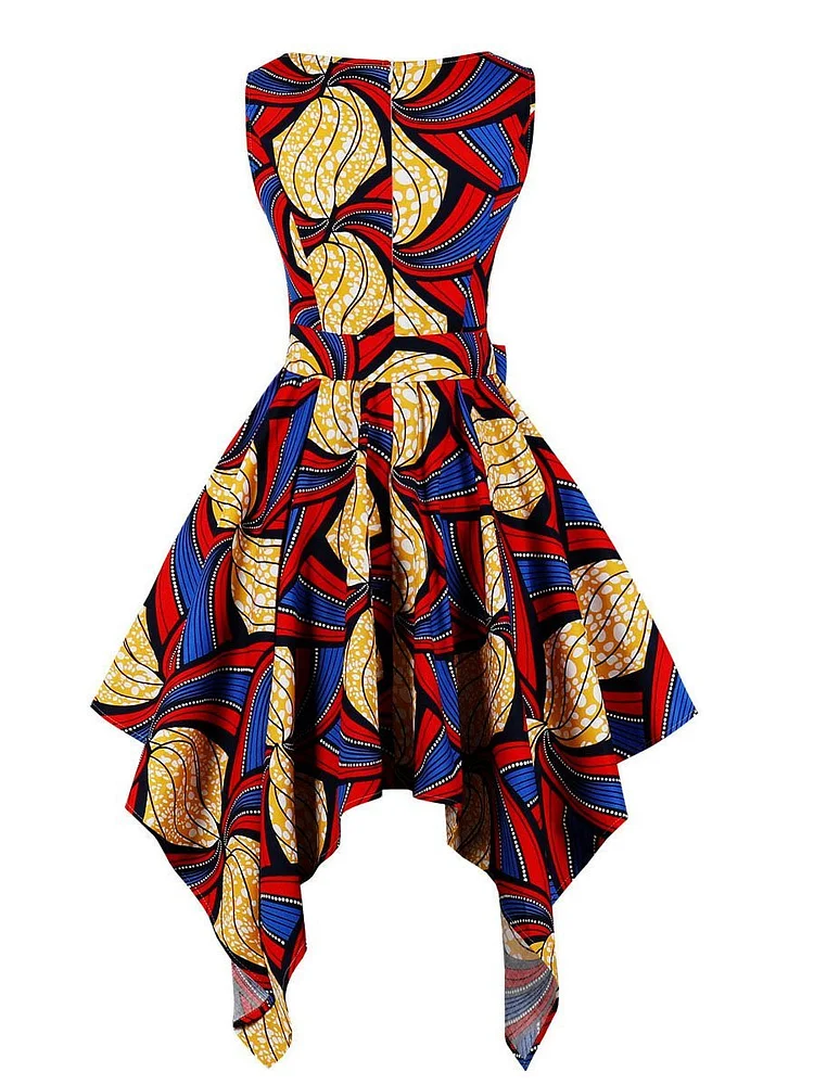 Mayoulove Asymmetric Dress Retro Style Print Sleeveless Dress for Women-Mayoulove