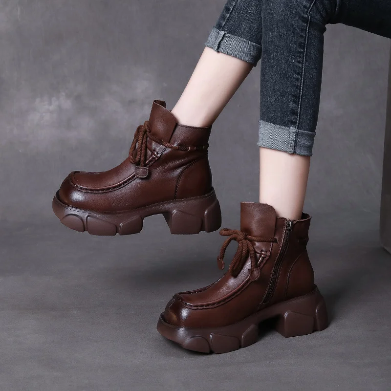 Yyvonne Layer Of Kraft Handmade Pine Cake Bottom Boots Women Autumn And Winter Retro New Bare Boots Thick Bottom Square Head Martin Boots New