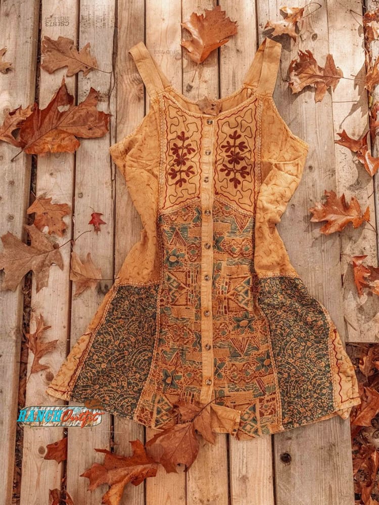 Women’s Hippie Grunge Style Bohemian Button Down Mini Dress Tie Back Tan / S
