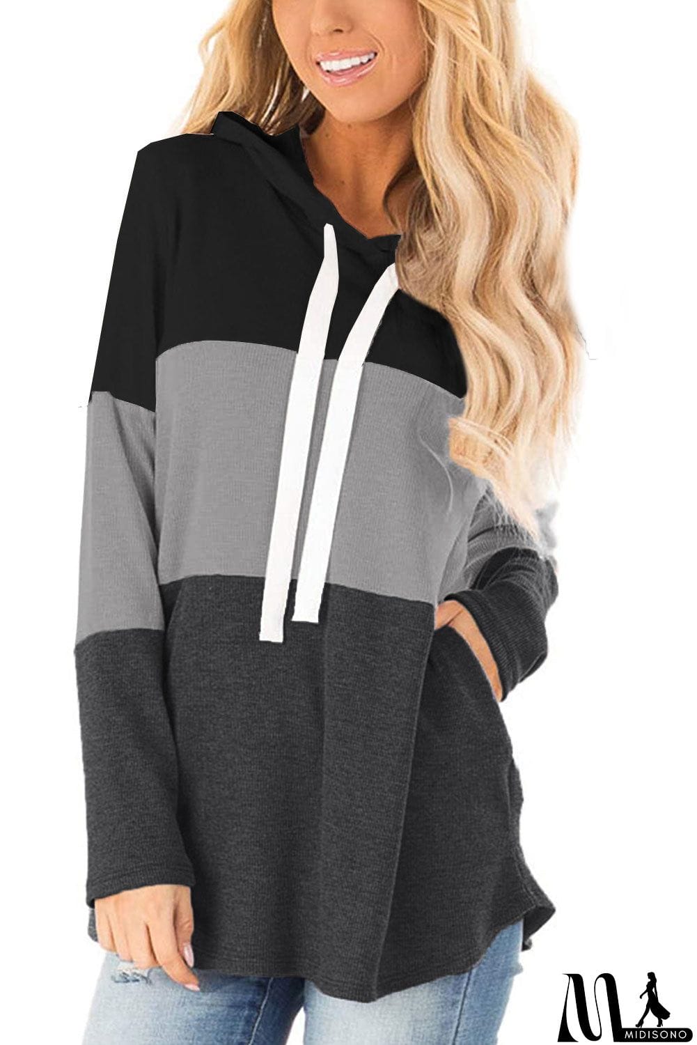 MidiSono - Color Block Long Sleeve Drawstring Hoodie
