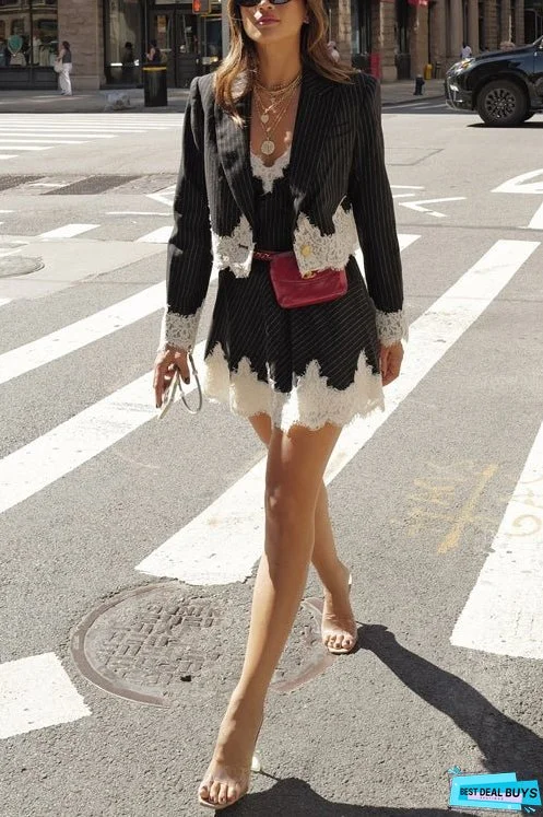 Meridress Single Button Striped Lace Trim Crop Blazer