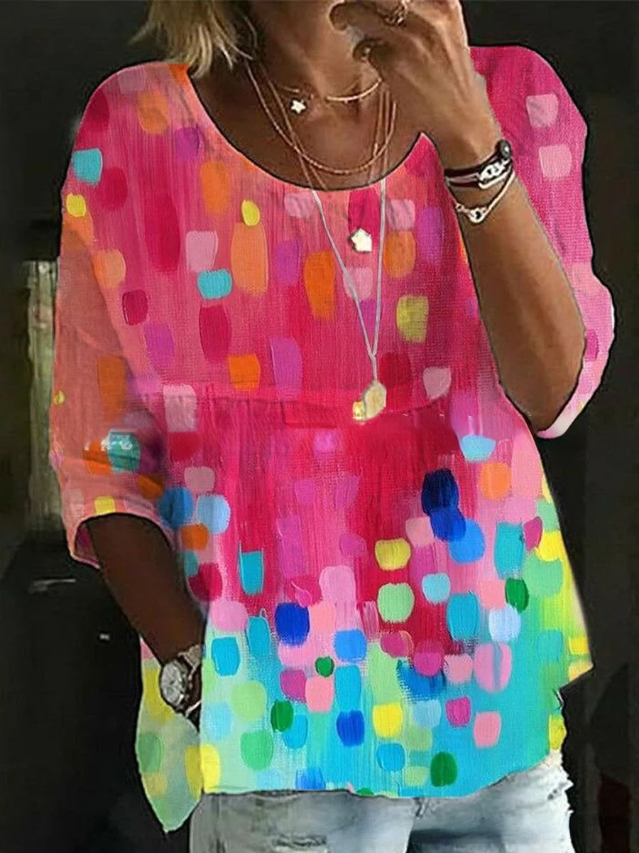 Women Crew Neck Floral Casual Three Quarter Sleeve Loose Tunic Top