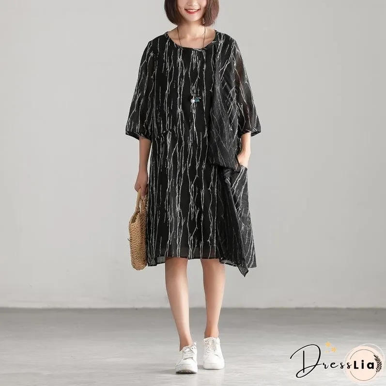 Loose Black Women Round Neck Casual Dress