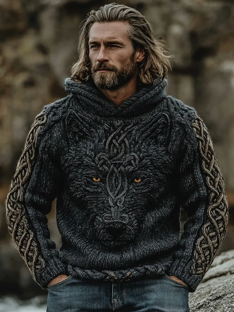 Men's Viking Wolf Celtic Vintage Chunky Hooded Sweater