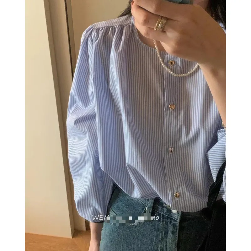 Uveng Uveng And Summer 2024 South Korea Dongdaemun New Design Sense Of Small Chic Button Round-Neck Long-Sleeved Shirt Woman