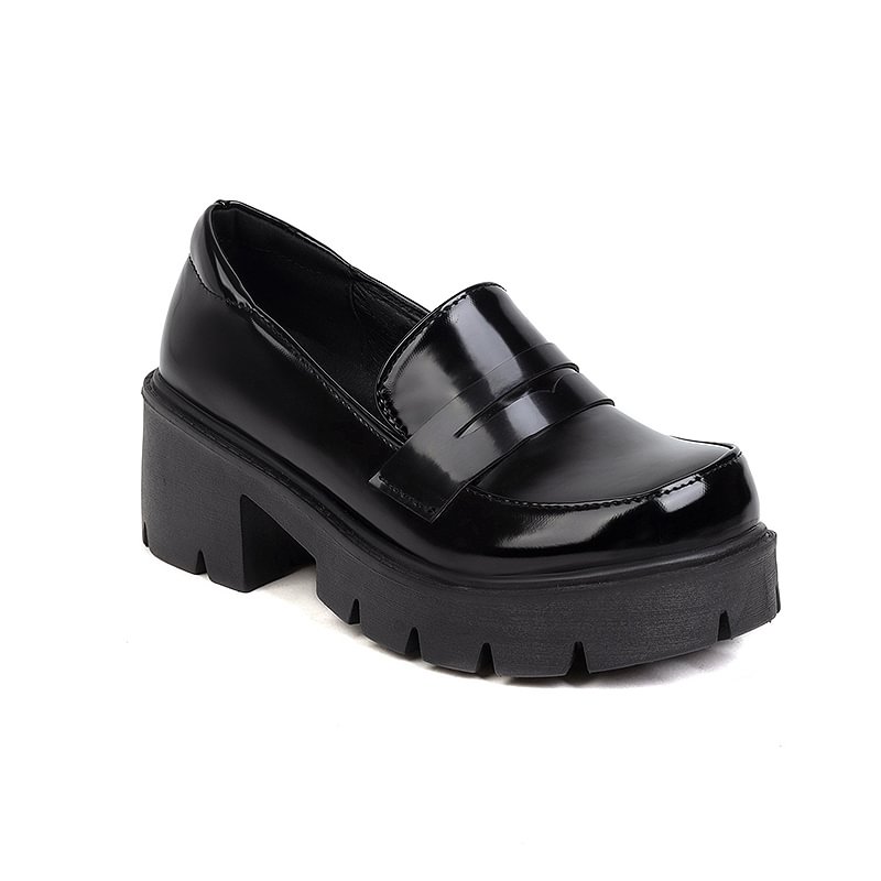 1950s Black Daily Round Neck Pu Rough Heel Solid Shoes
