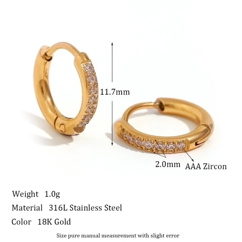 1 Pair Minimalist Round Solid Color Plating Inlay 304 Stainless Steel Zircon 18K Gold Plated Hoop Earrings