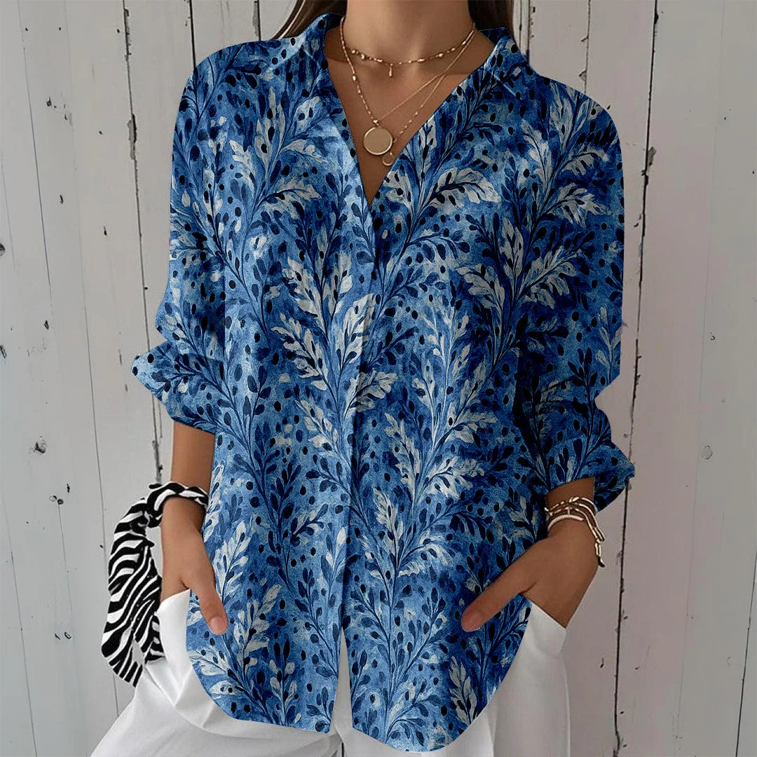Style & Comfort for Mature Women Women Leaves, Blue DZCL0173 3/4 Sleeve Shirt Collar Printed Button Tops
