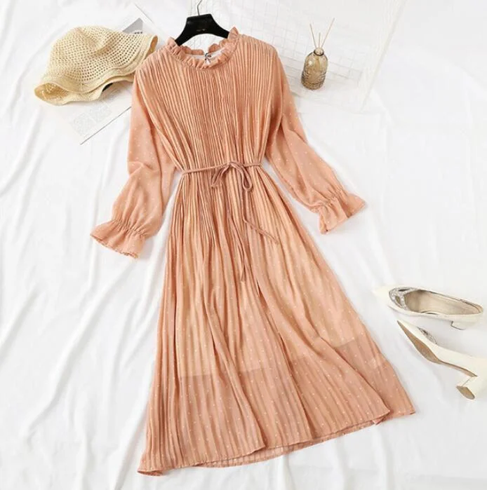 2020 Elegant Women Print Chiffon Dress Long sleeve Lotus leaf collar Pleated Dress Female Casual Midi Dresses vestidos mujer