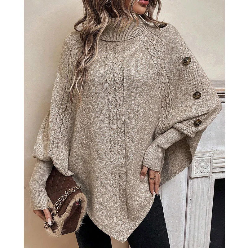 Athvotar Athvotar And Winter New Sweater Women's Knit Fashion Stucked High-Necked Button Bat Sleeve Top