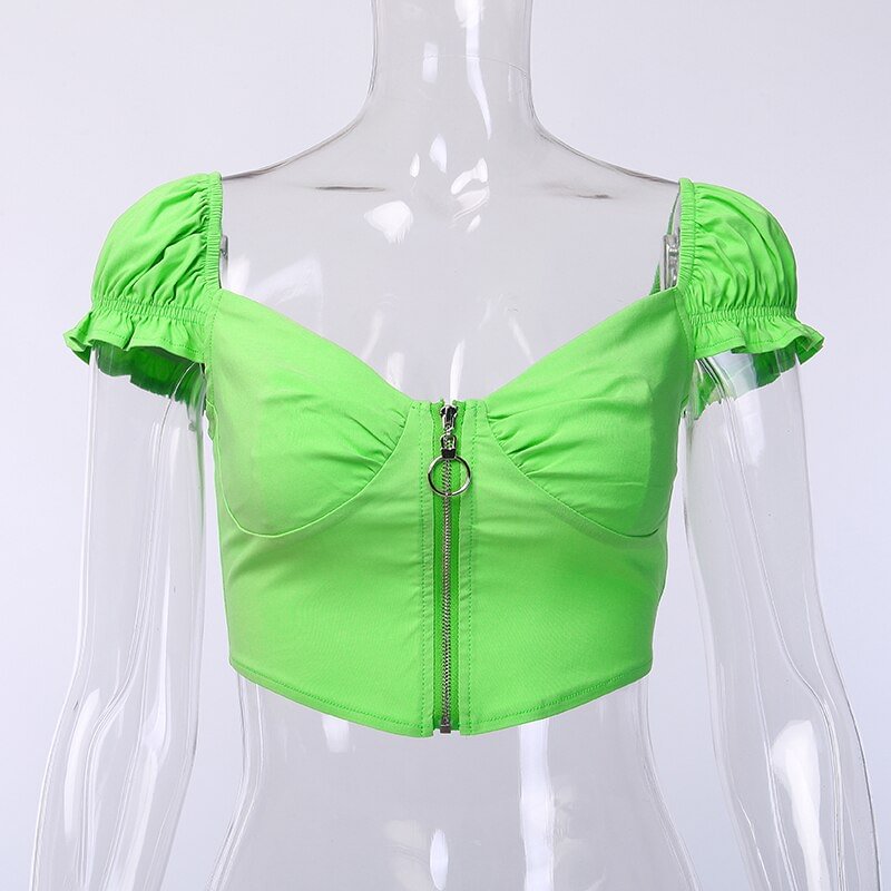 InstaHot V-Neck Short sleeve Backless Crop Top 2019 Summer Neon Green Zipper Ruffles Sexy Casual Streetwear Women Slim T Shirts