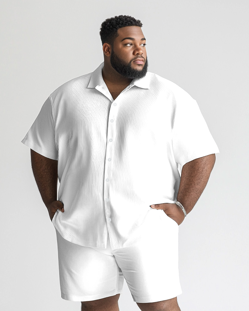 Big Guy Versatile White Solid Color Short Sleeve Shirt Shorts Set