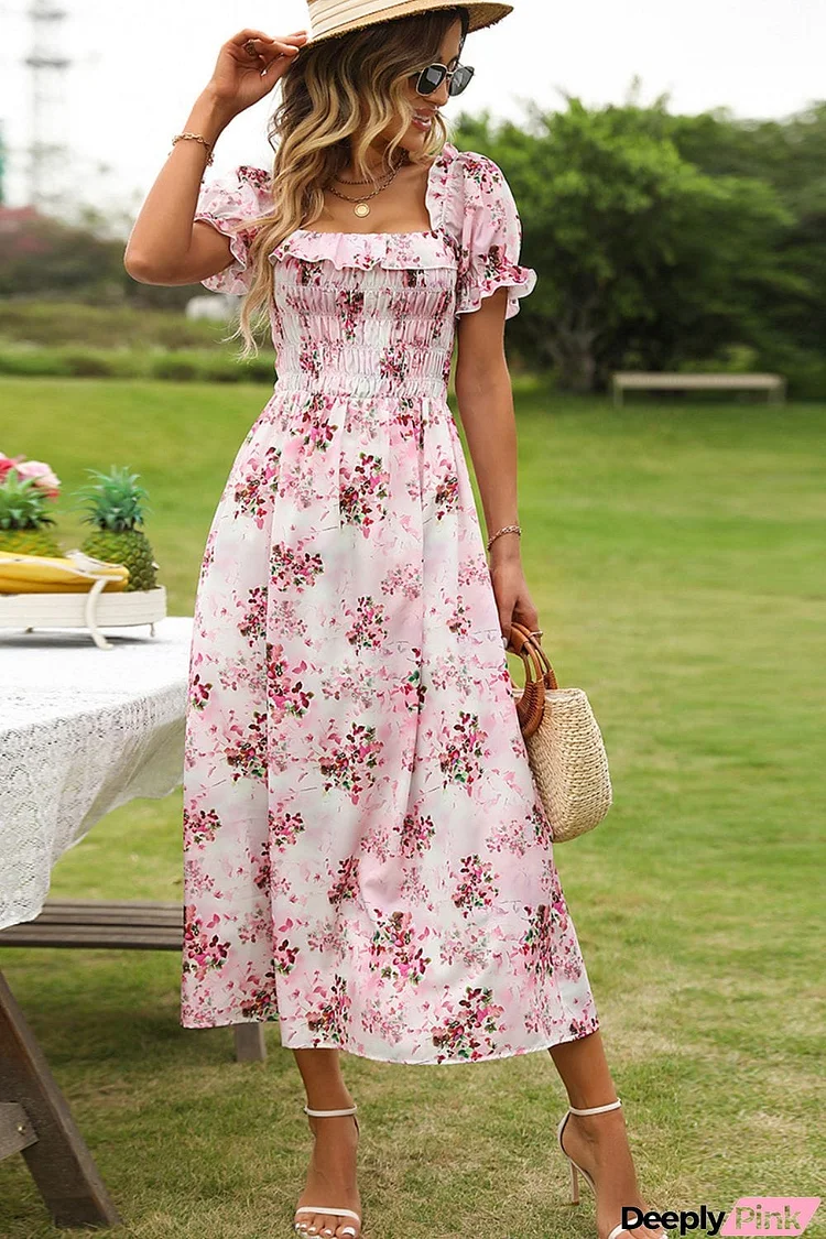 Floral Square Neck Flounce Sleeve Midi Dress