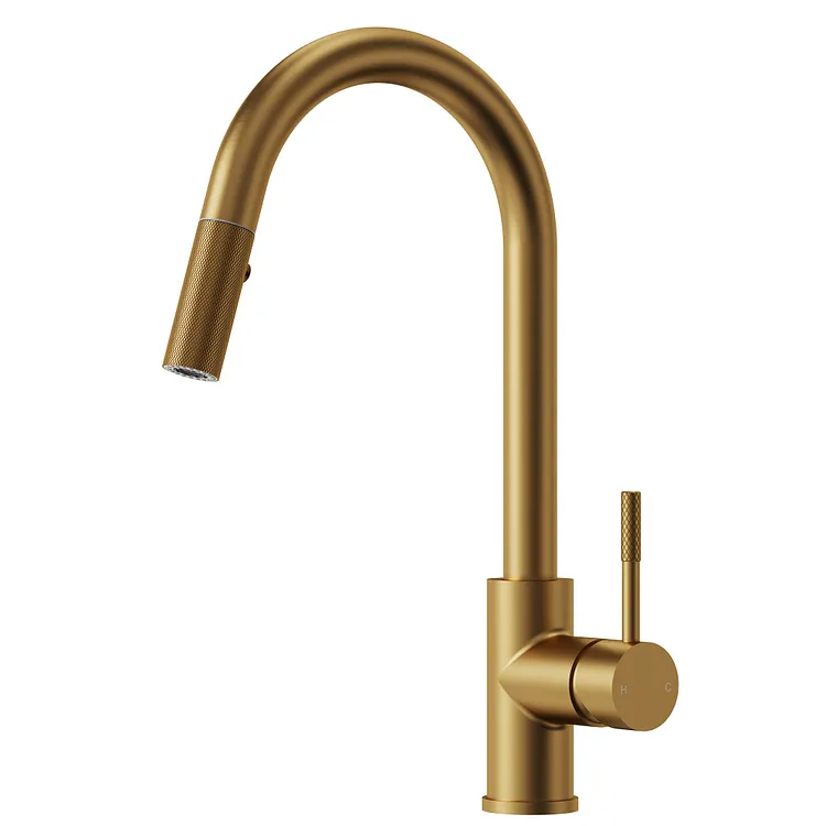 EVERSTEIN Knurled High Arc Pull Down Kitchen Faucet in Brushed Gold