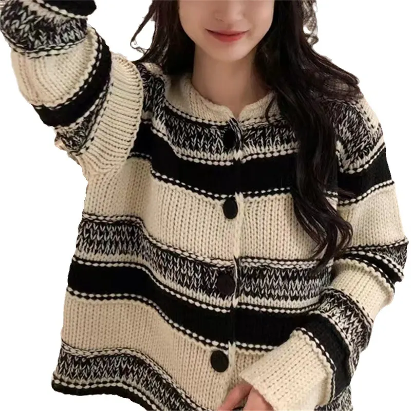 Uveng Uveng New Small Casual Female Cardigan Jacket Korean Version Of Color Stripe Short Coat Female Autumn And Winter