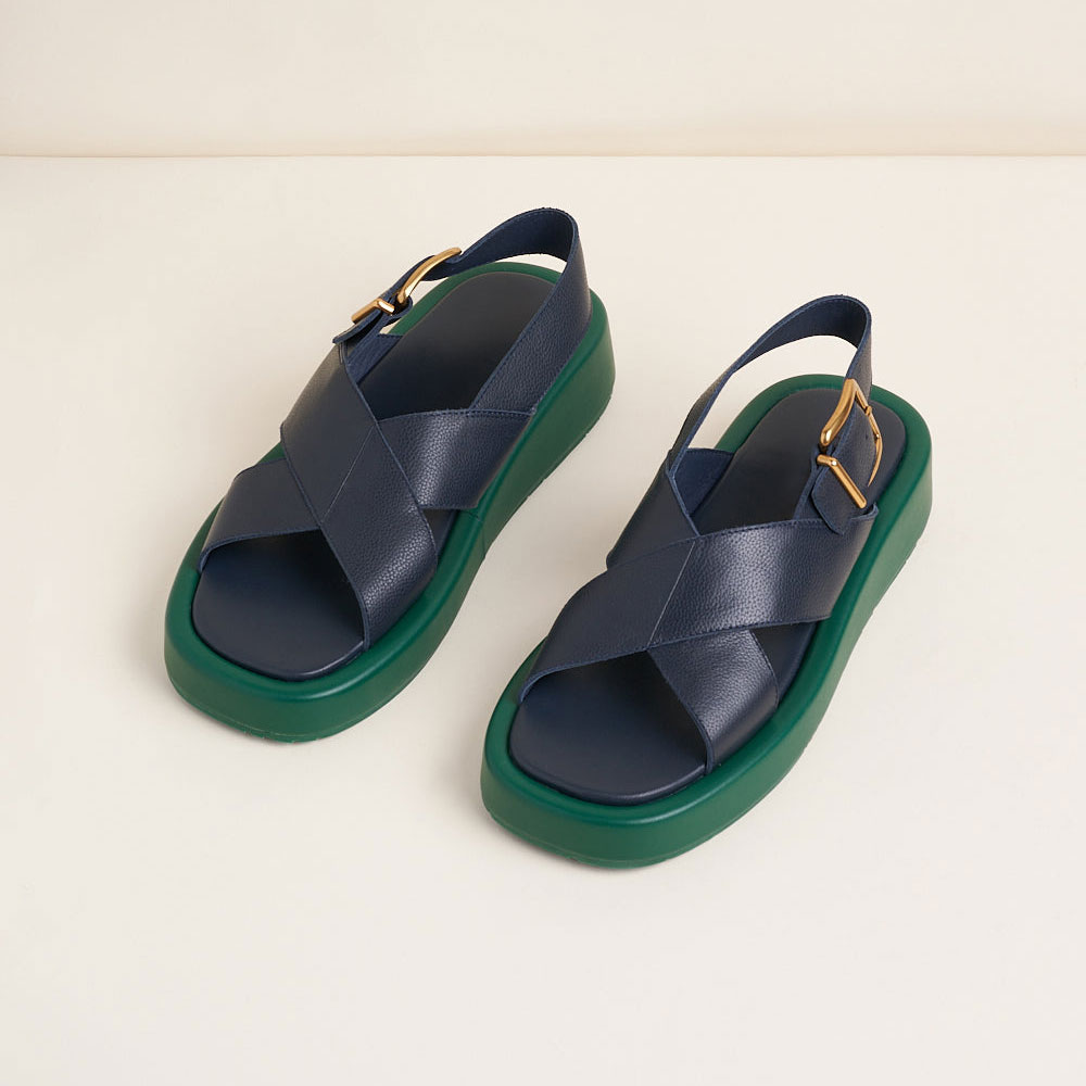 Green & Navy Blue Square Toe Wedge Heel Platform Sandals for Women Nicepairs
