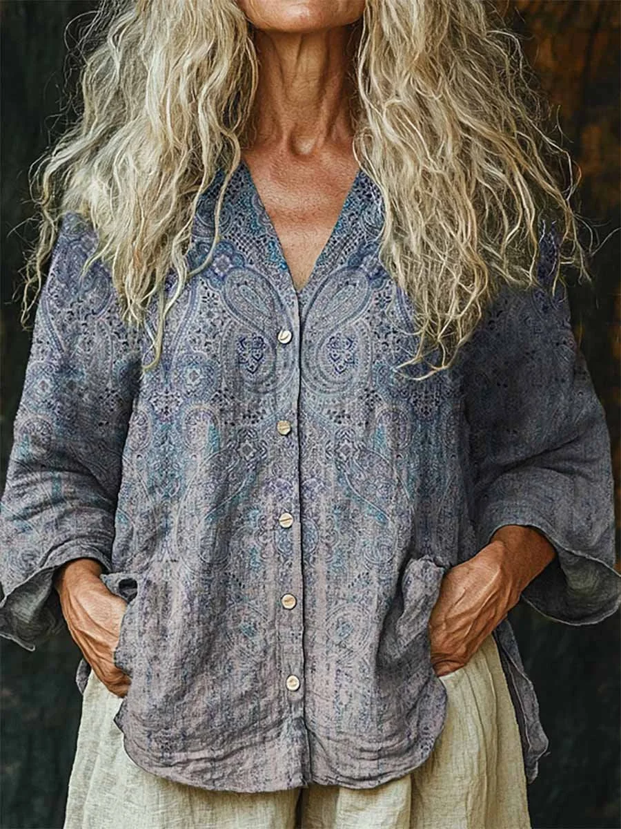Women's Boho Nation Art Print Linen And Cotton V-neck Casual Shirt