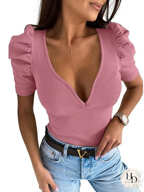 Stylish Women'S V-Neck Puff Sleeve Slim Fit T-Shirt With Short Sleeves