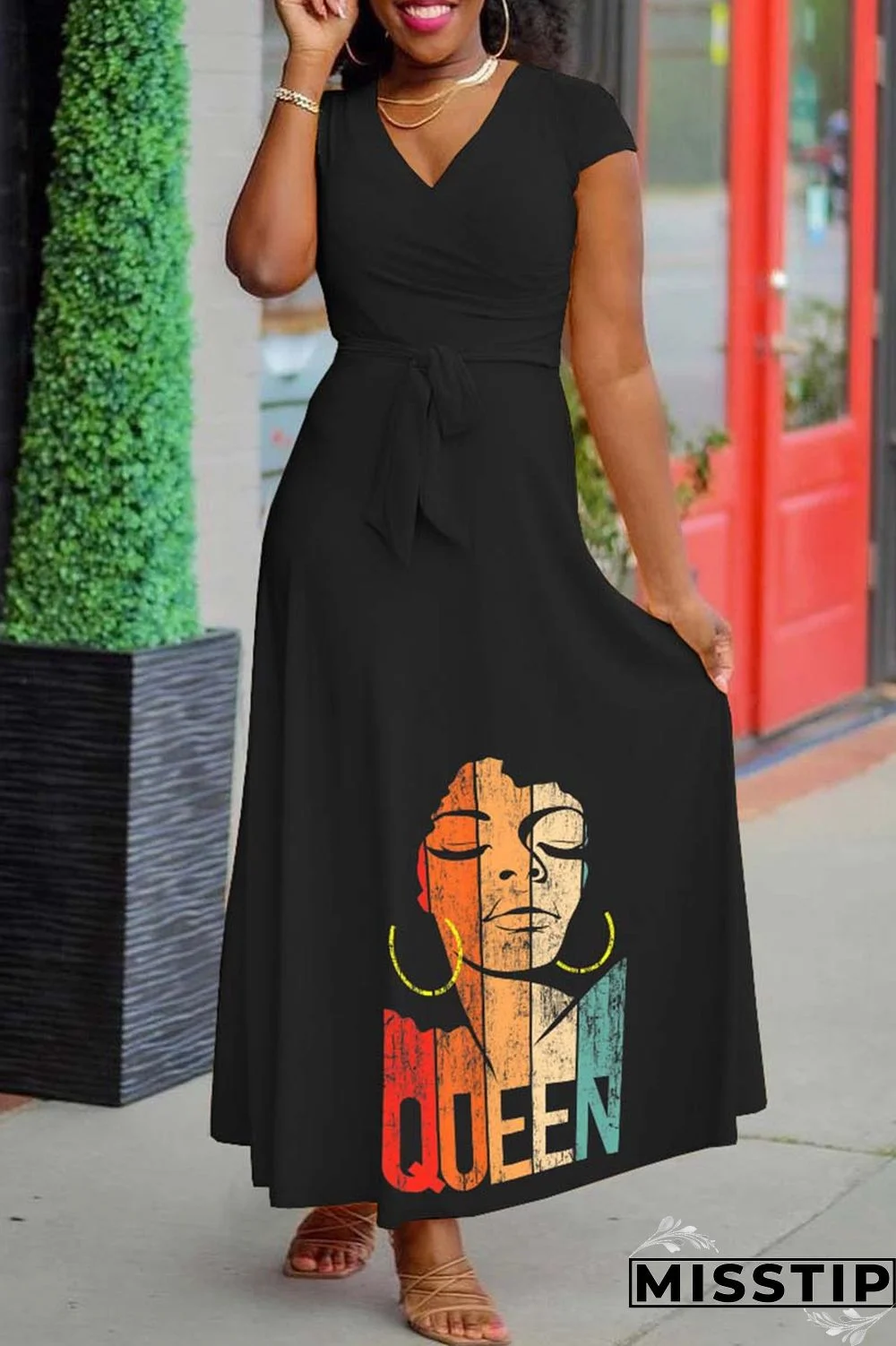 Black Casual Print Patchwork V Neck Short Sleeve Dress Dresses