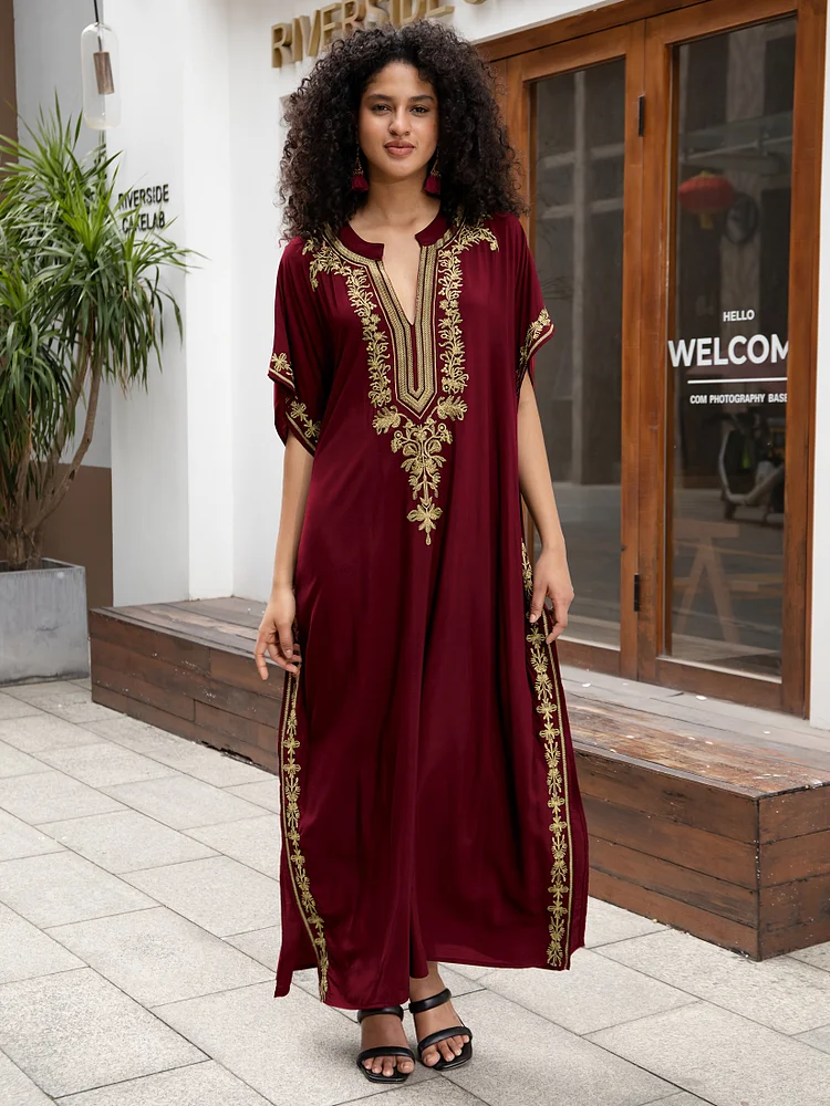 Plus Size, Red Embroidered Sexy V Neck Women Half Sleeve Black Kaftan Robe Plus Size Long Dress Holiday Relaxed Beach Wear Moo Moo Dresses Q1667