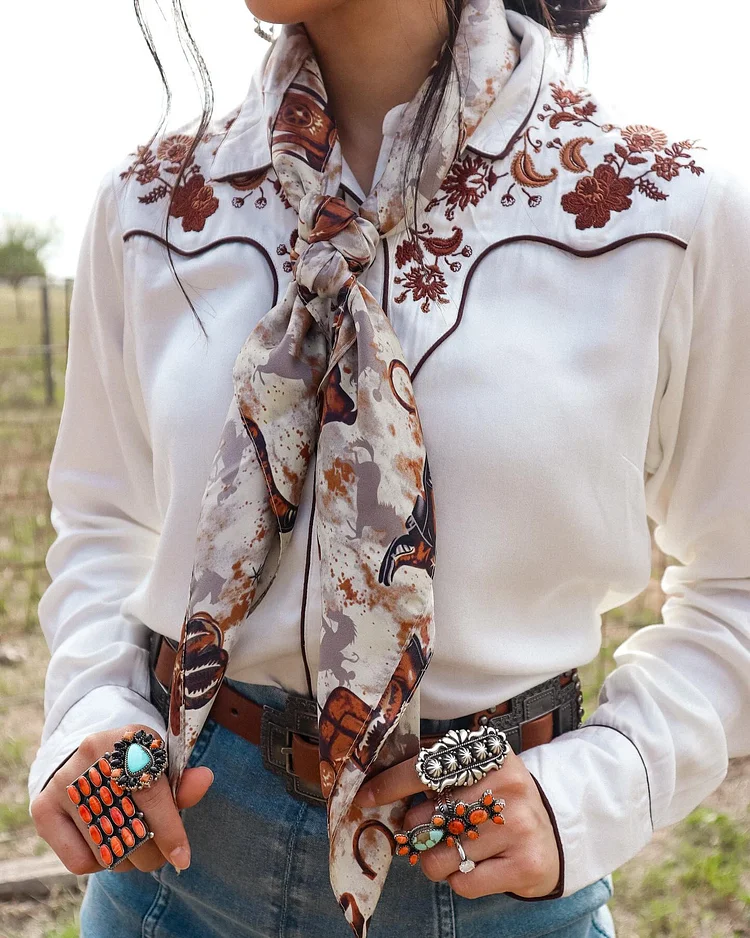 Vintage Embroidered Floral Print Brown Shirt