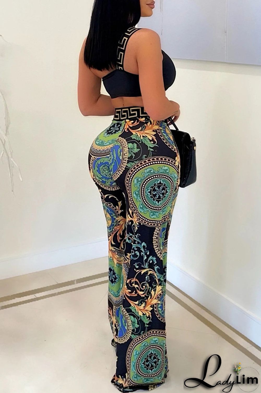 Black Sexy Casual Print Patchwork Backless Oblique Collar Sleeveless Two Pieces