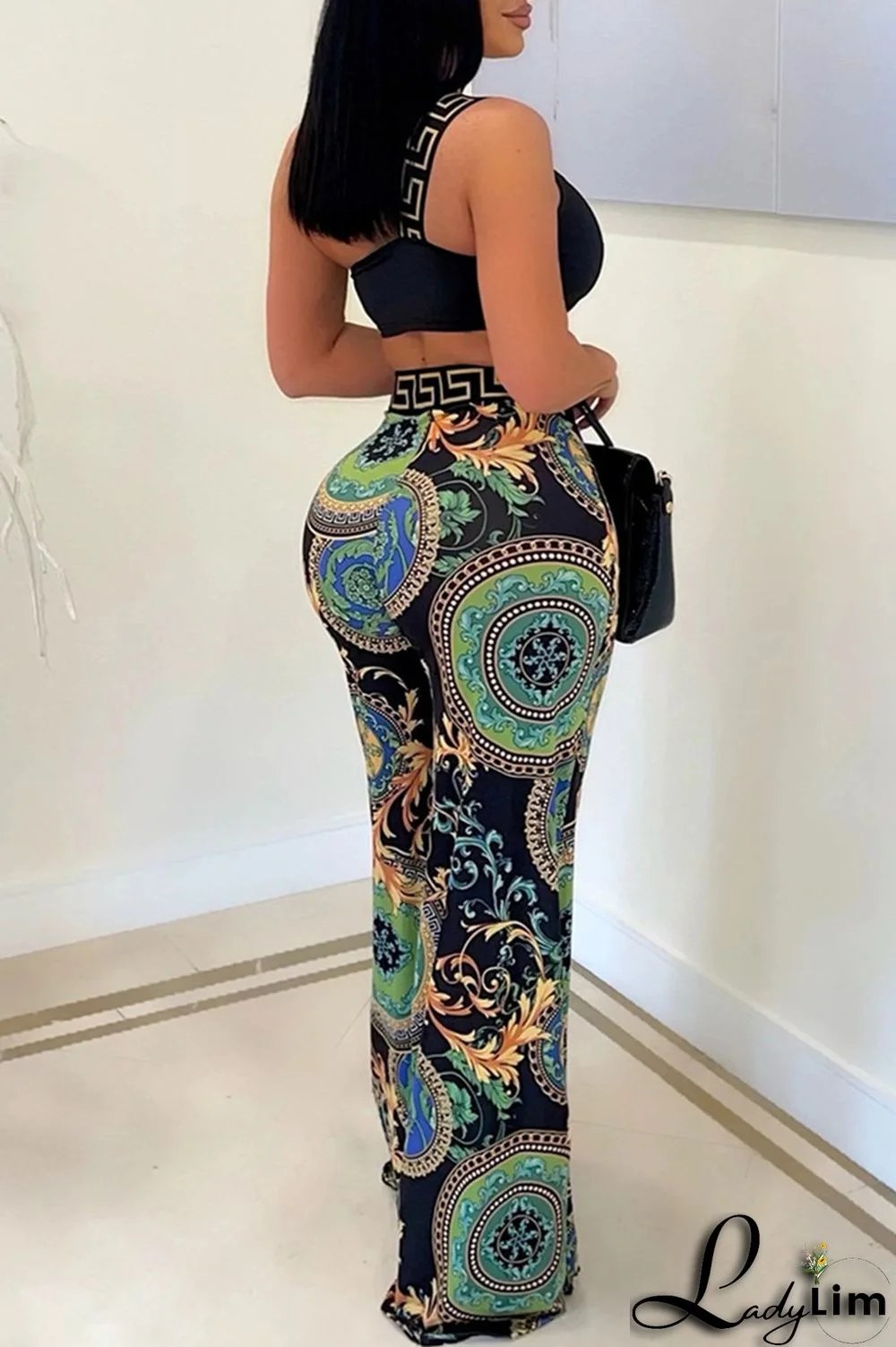 Black Sexy Casual Print Patchwork Backless Oblique Collar Sleeveless Two Pieces