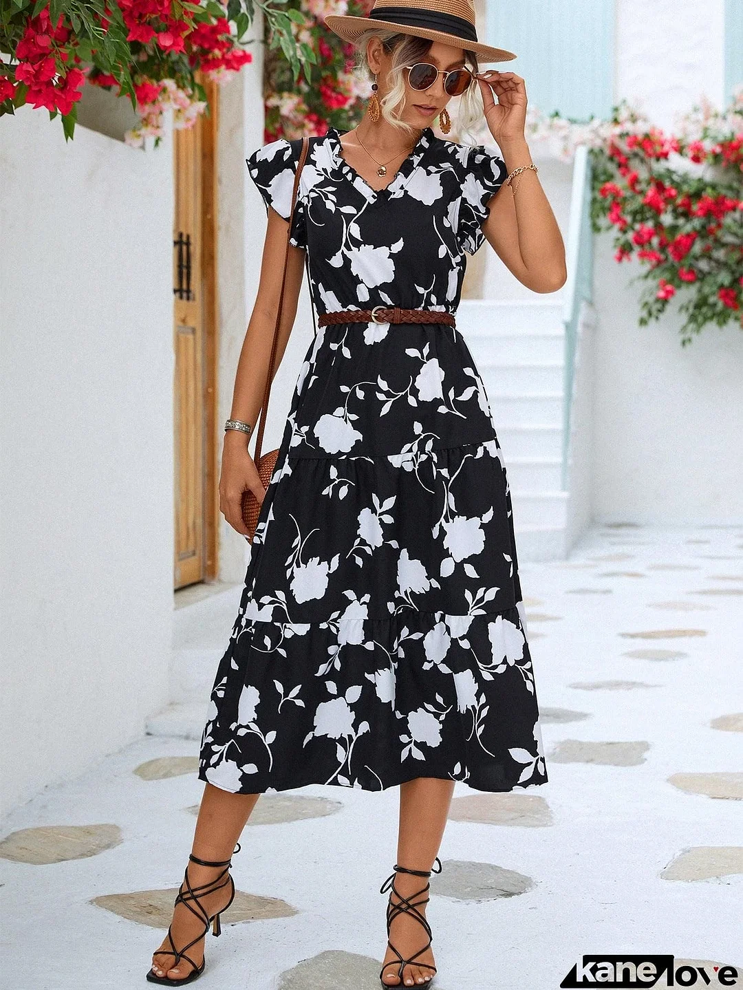 Floral Frill Trim V-Neck Tiered Midi Dress