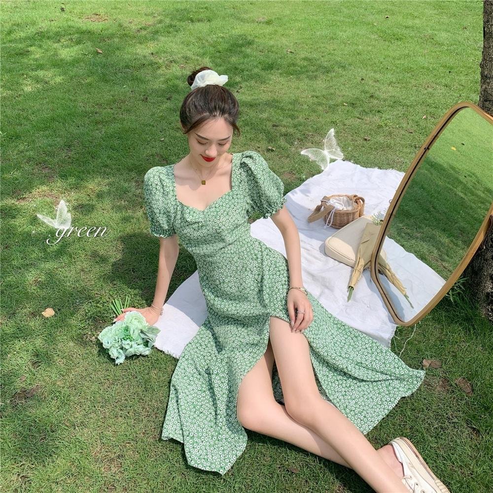 French Retro Square Collar Floral Dress Xia Xiu Slim Waist Split Mid-length Dress Bubble Sleeve Fruit Green Dress