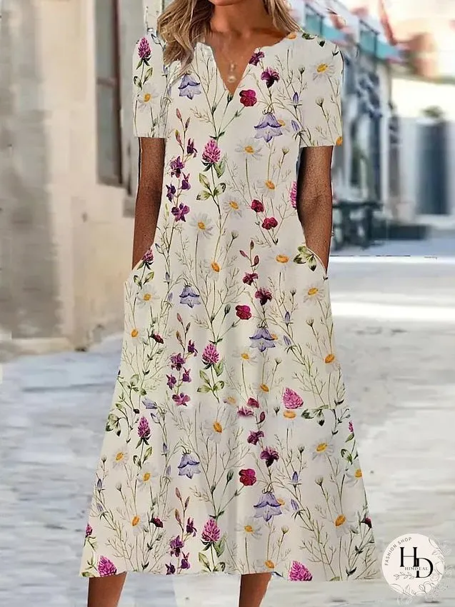 Casual Dress Shift Dress Summer Dress Floral Pocket Print V Neck Midi Dress Active Fashion Outdoor Date Short Sleeve Regular Fit Blue Khaki Apricot Summer Spring S M L XL XXL for Women