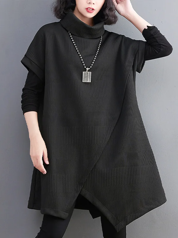 Short Sleeves Asymmetric Solid Color Split-Front High-Neck Knitwear Mini Dresses