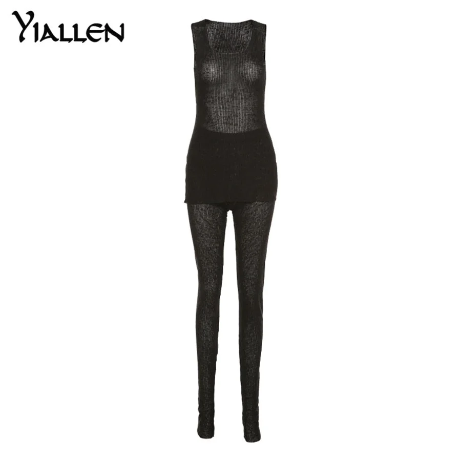 Yiallen Solid Knitted Two Piece Set Women See Through Skinny Casual Top+Pant Matching Outfits Active Streetwear Clothing Hot